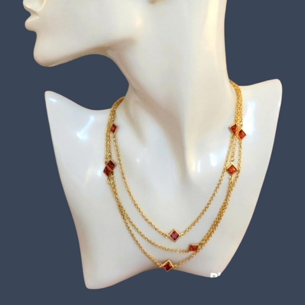 VTG Faux Ruby Princess Cut Diamond Shape Rope Chain Station Holiday Necklace